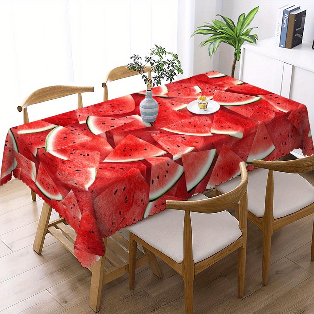 Summer Watermelon Slice Tablecloth, Fresh Red Fruit Design, Clean Scalloped Trim, Dirt Resistant, for Kitchen, BBQ & Holiday