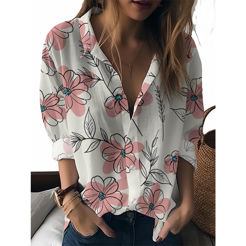 Sommer Minimalistisches Hemd mit Digitalem Blumenprint Knopfleistenhemd Oberteil für Damen Hawaiianischer Strandurlaub Lässiges Hemd