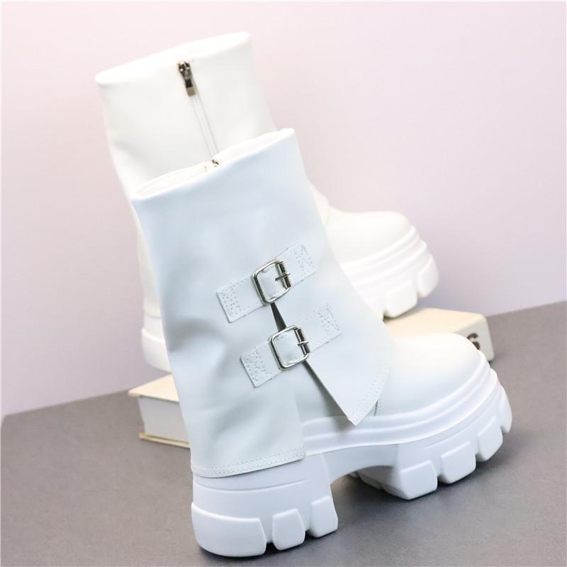 Fashion 12CM Microfiber Leather Autumn Boots Flats Plush Ankle Booties Women Platform Wedge Thick Sole Motorcycle Winter Shoes