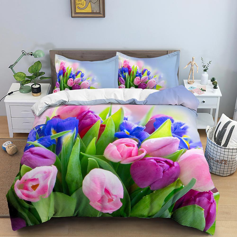 Luxury Bedding Set 3D Print Tulip Rose Print Duvet Cover Set Quilt Cover King Queen Size for Wedding Polyester Comforter Cover