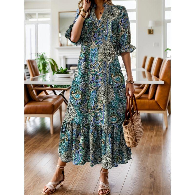 XL-5XL Women Dress Plus Ladies Skirt Spring/Summer Print V-neck Plus Size Dresses Women