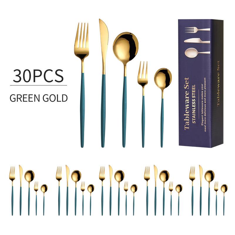 30pcs Gold Western Dinnerware Set Stainless Steel Cutlery Set Fork Knife Spoon Tableware Set Flatware Set Silverware Set