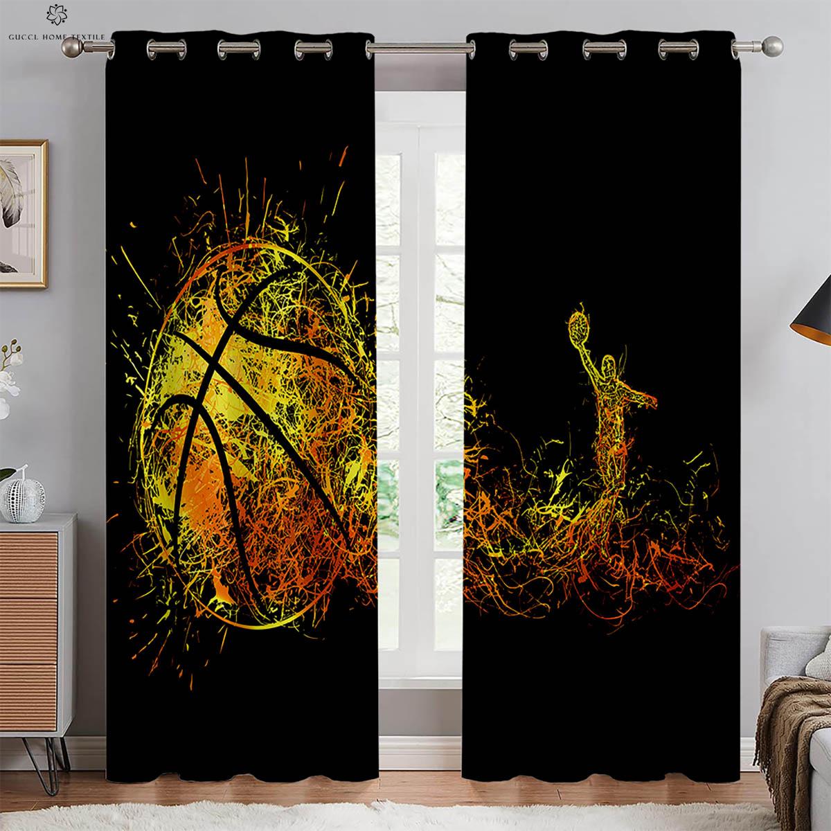 

Flame Basketball 3D Printed Drapes Machine Washable Bedchamber Family Room Kitchen Area Club Decorative Curtains W50xH130(CM)x2PCS&Rod pocket