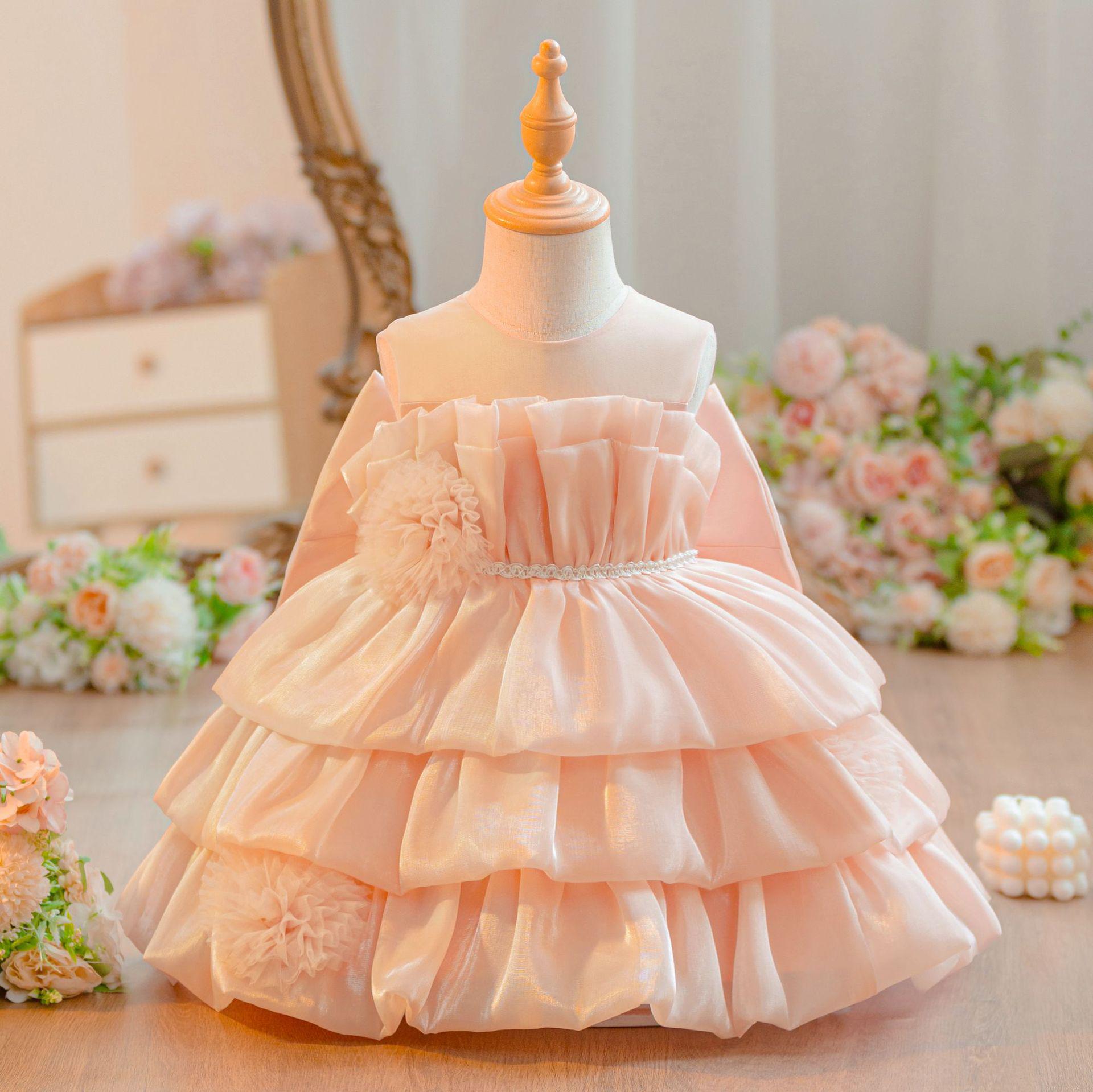 

Girls Puffy Princess Christening Dress with Bow and Floral Details for Baby s First Birthday 70cm/6-9M