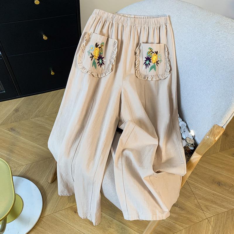 Japanese Mori Girl Embroidered Cotton Linen Wide-Leg Crop Pants - Summer Casual Wear for Women