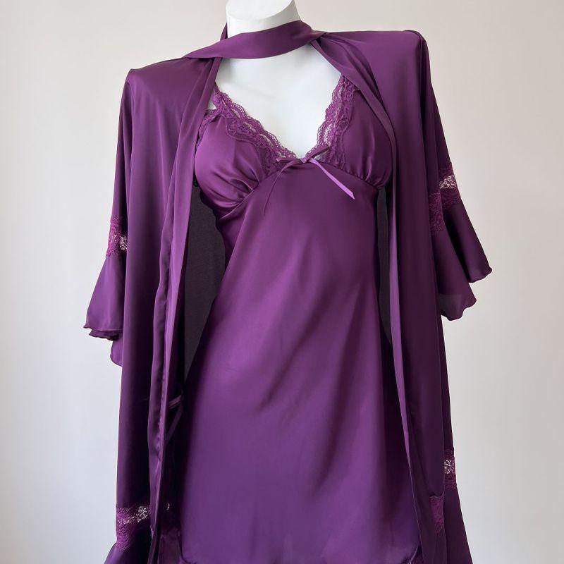 

Fupo Purple Graceful Satin Accessible Luxury V Neck Ice Silk Strap Night Dress French Sexy Lace Pajamas New Arrival Rich woman purple (nightgown + robe) 165 (L)