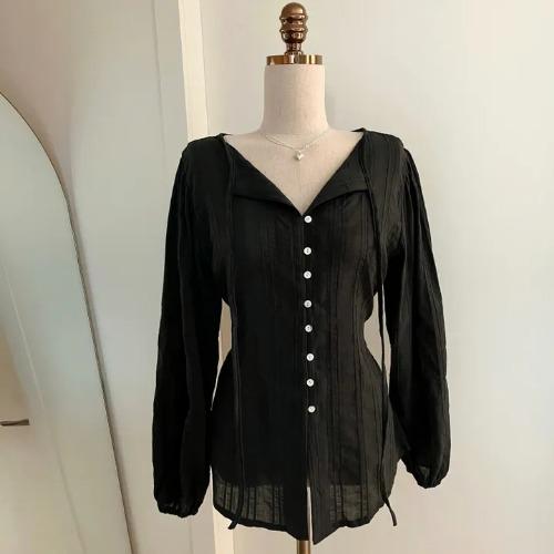 Korean Series Chic Chic Top Women Autumn French Sle Gentle Sweet Temperament Lapel Lace-up Waist Hugging Slimming Long Sleeve