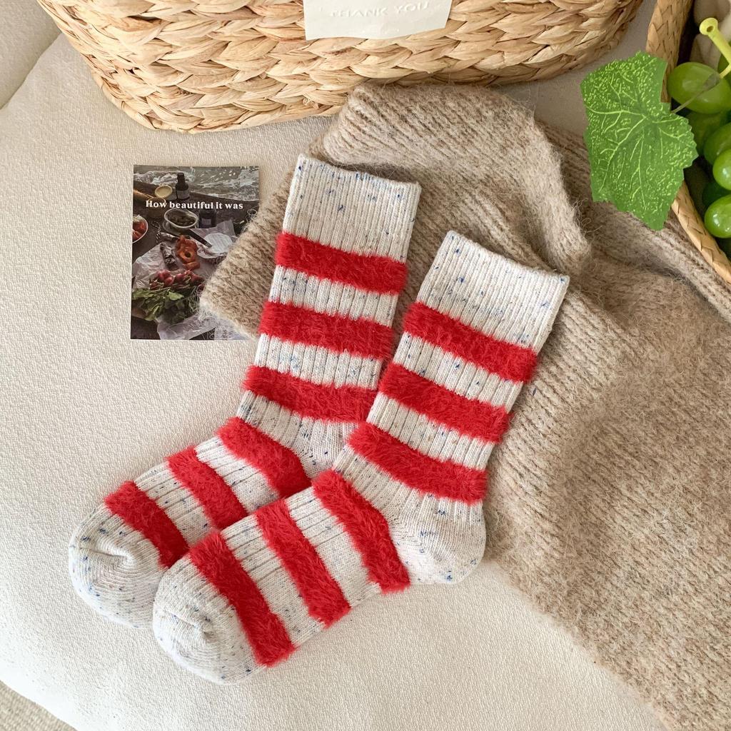 Damen Grobstrick Wollsocken Mid-Calf: Colorblock, Warm, Dick, Weich, Gestreift, Slouch-Stil für Herbst & Winter