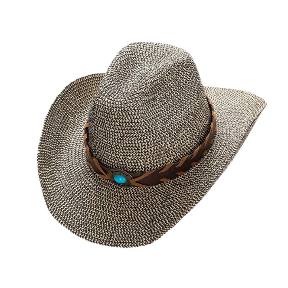 Solid Color Western Cowboy Hat PU Leather Belt Straw Sun Hat Simple Cowgirl Hat  Female
