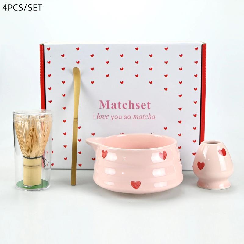 Pink Heart Matcha Whisk Set | Bamboo Chasen & Ceramic Bowl/Stand Kit for Matcha Preparation