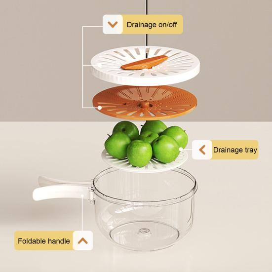 2-in-1 Draining And Preservation Basket Fruit Bowl with Strainer Lid Fruit And Vegetable Washing Bowl with Foldable Handle for Camping Kitchen Fridge