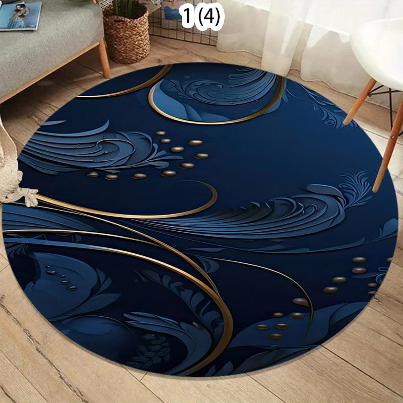 Dark Luxury Round Rug Soft Carpet Floor Mat Area Rug Non-Slip Navy Blue Gold Foil Feather Design for Home Living Room Minimalist