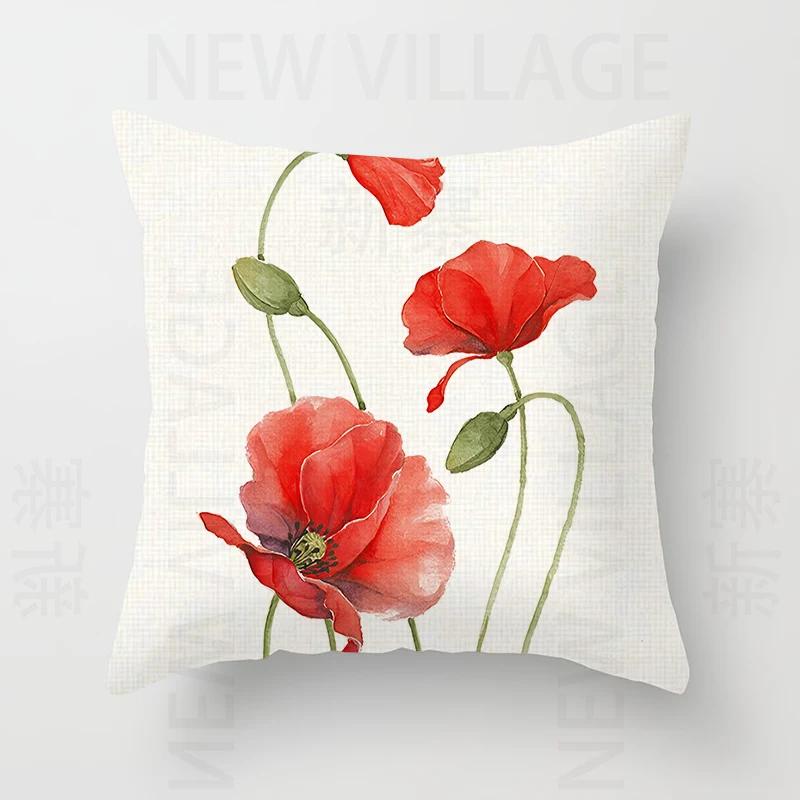 Nordic modern red flower linen pillowcase sofa cushion cover home decoration can be customized for you 40x40 50x50 60x60 45x45