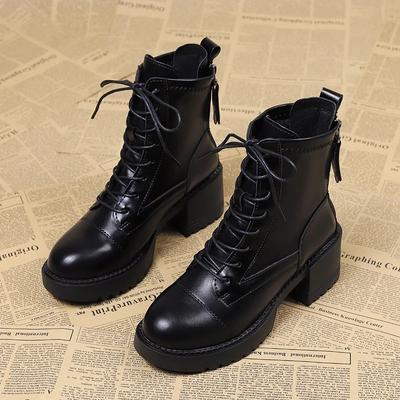 New Fashion Solid Color Round Toe Lace-Up Thick Heel Women's Boots Back Zipper Fashion Boots Casual Zapatos De Mujer