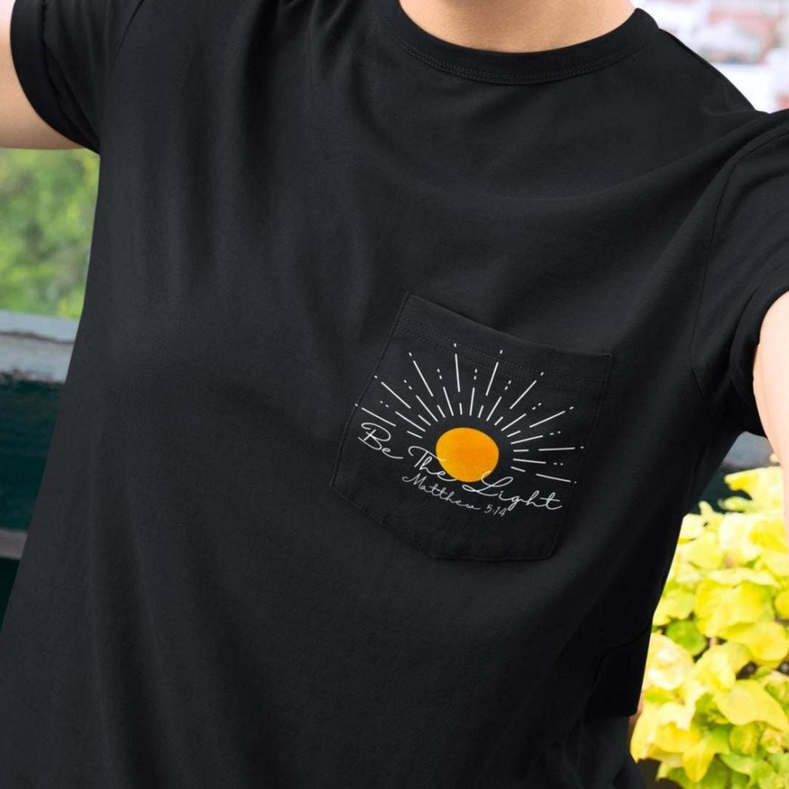 Be The Light Pocket T-Shirt, Christian Bible Verse Shirt, Faith Clothing S