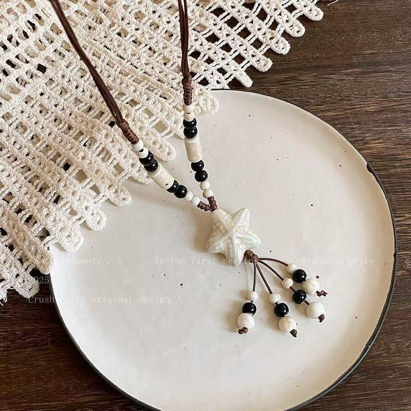 New Chinese ethnic style retro bohemian Jingdezhen ceramic braided rope necklace high-end female Zen accessories