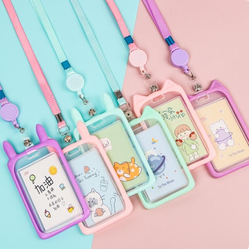 Katzenohren-Kartenhalter + Einziehbares Lanyard mit Rolle,Arbeitsausweis-Halter Campus-Karte Hals-Lanyard Ausweishalter Schutzhülle