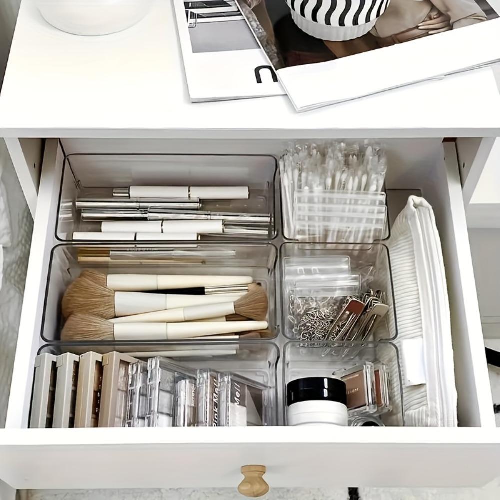 7pcs Clear Plastic Makeup Organizer for Countertop Stackable Drawer Dividers for Cosmetics Office Supplies Desk StorageOrganizer