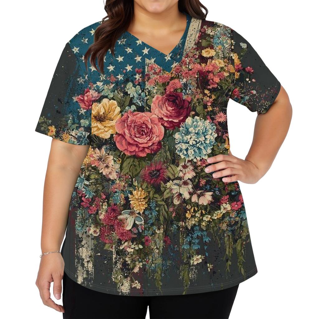 Women's Fashionable Casual Independence Day American Flag And Stars Print V-neck Short-Sleeved Work Shirt With Double Side Slits And Pockets