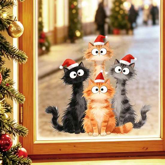 DIY Christmas Scene Window Decals Cling, Cartoon Cats Sticker with Santa Hat, Removable Cute Holiday Decorations PVC Static Glass Decal for