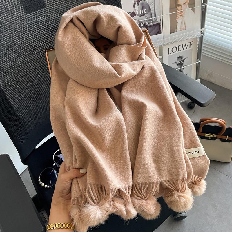 Solid Color Hairball Knitted Imitation Cashmere Scarf Female Winter Warm Student Cute Versatile Soft Girl Shawl