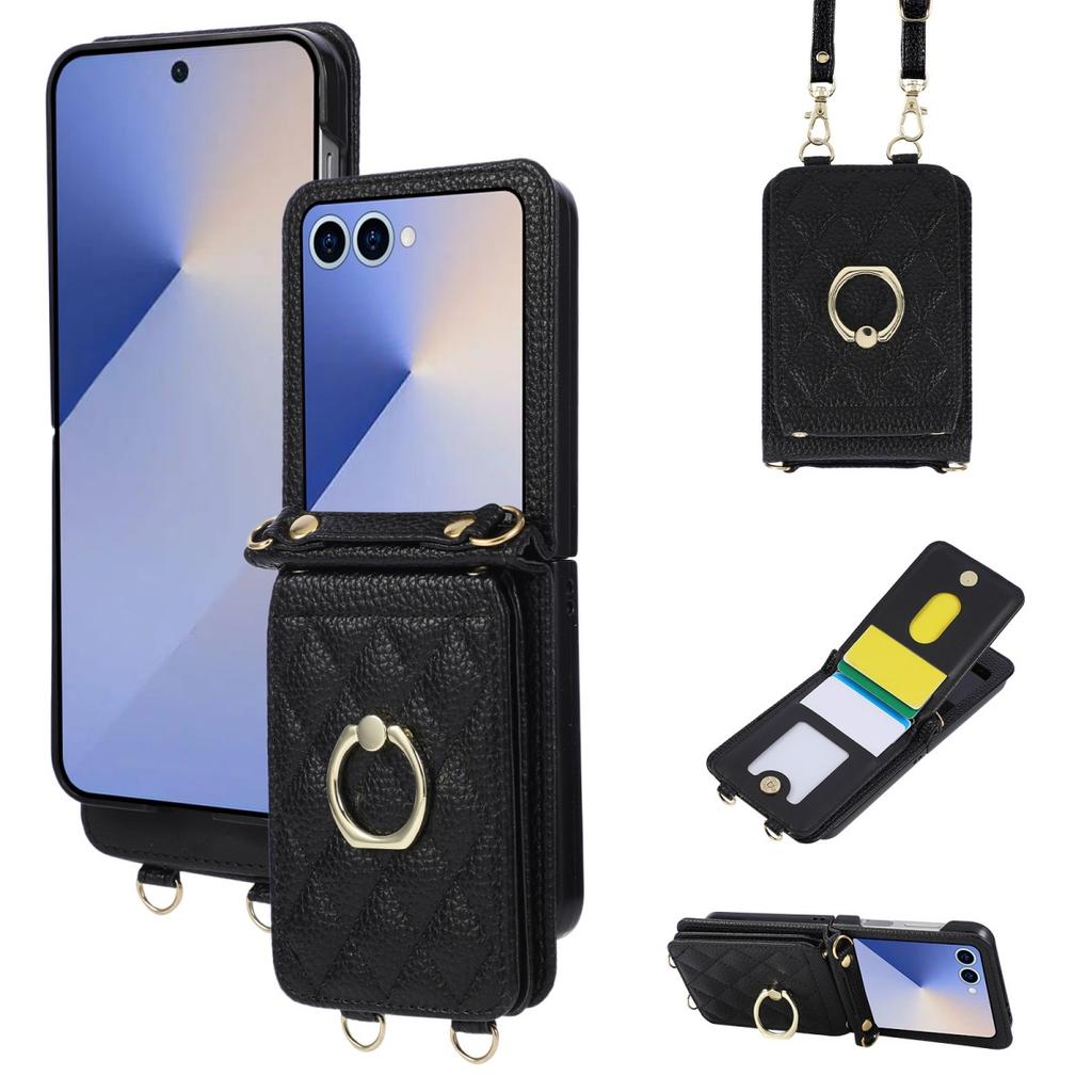 Crossbody Ring Stand Phone Case for Samsung Galaxy Z Flip 8 7 6 5 4 3 5G Flip7 FE Flip8 Lanyard Wallet Cards Slots Leather Cover