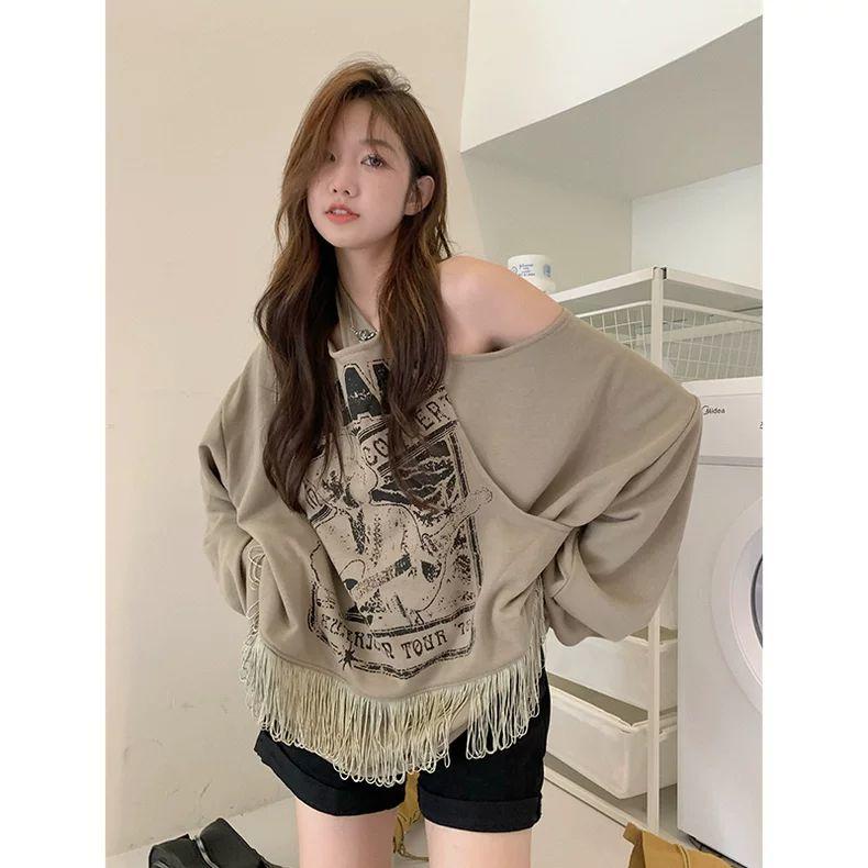 

Свитшот Y2k женский осенний с имитацией двух частей, с открытыми плечами и длинными рукавами, винтажный с принтом, худи для девушек L