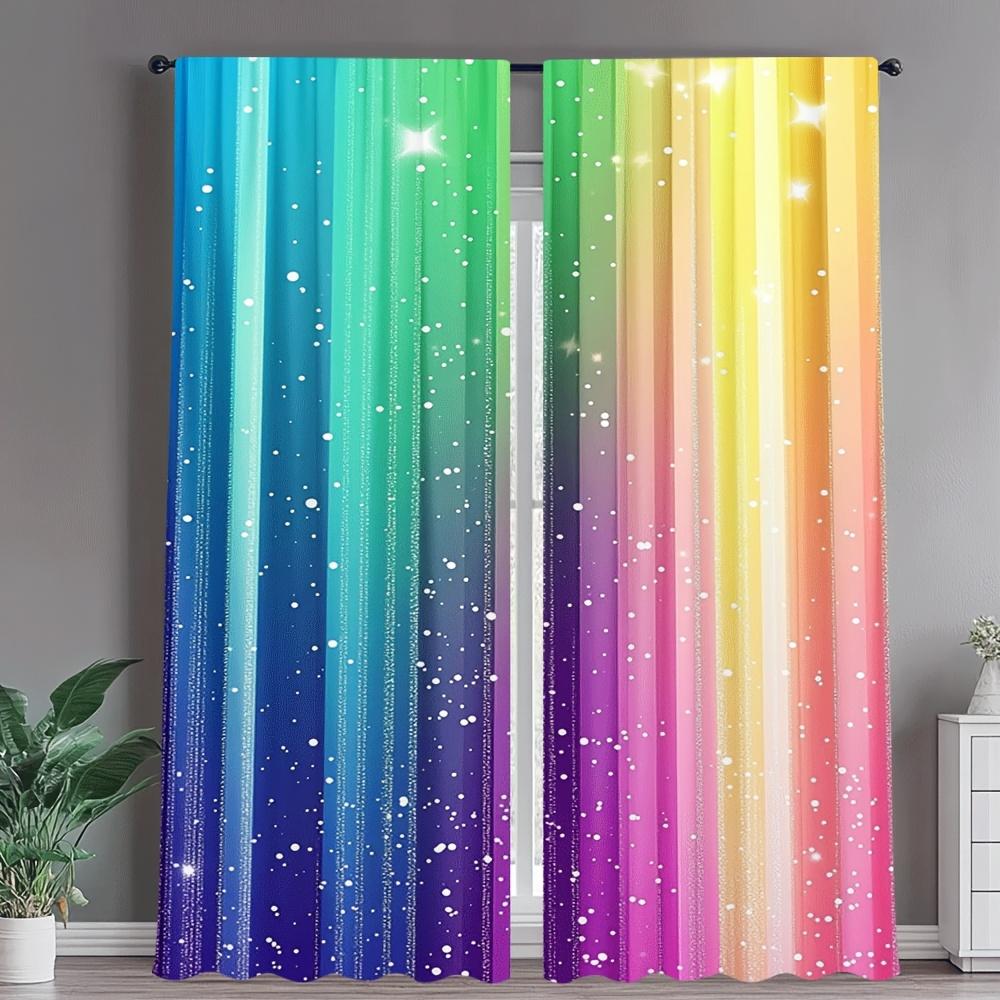 Set Of 2 Elegant Starlit Rainbow Door Curtains Fresh Print Home Bedroom Living Room Decor Soft Design Curtain With Light Filtering Polyester Perfect
