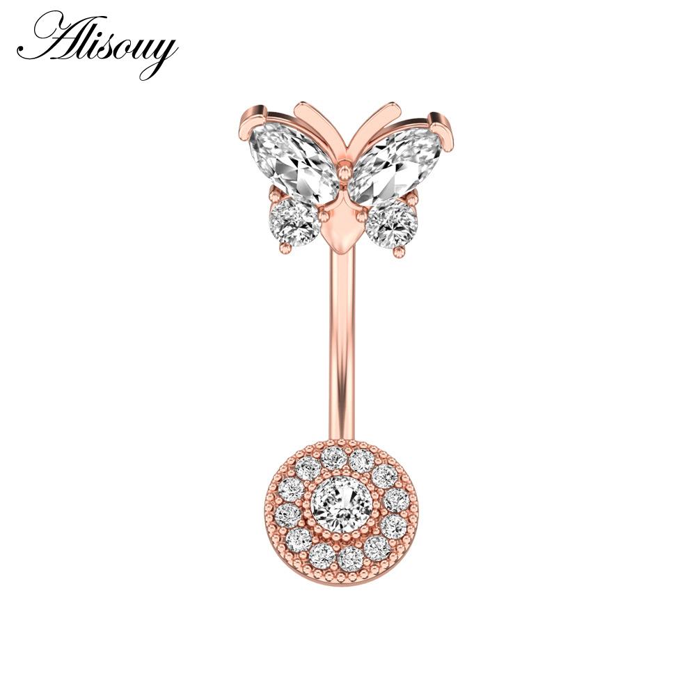 Alisouy 1pc Surgical Steel Crystal Zircon Star Butterfly Moon Stones Dangle Button Navel Piercing Ring Belly Ring Body Jewelry