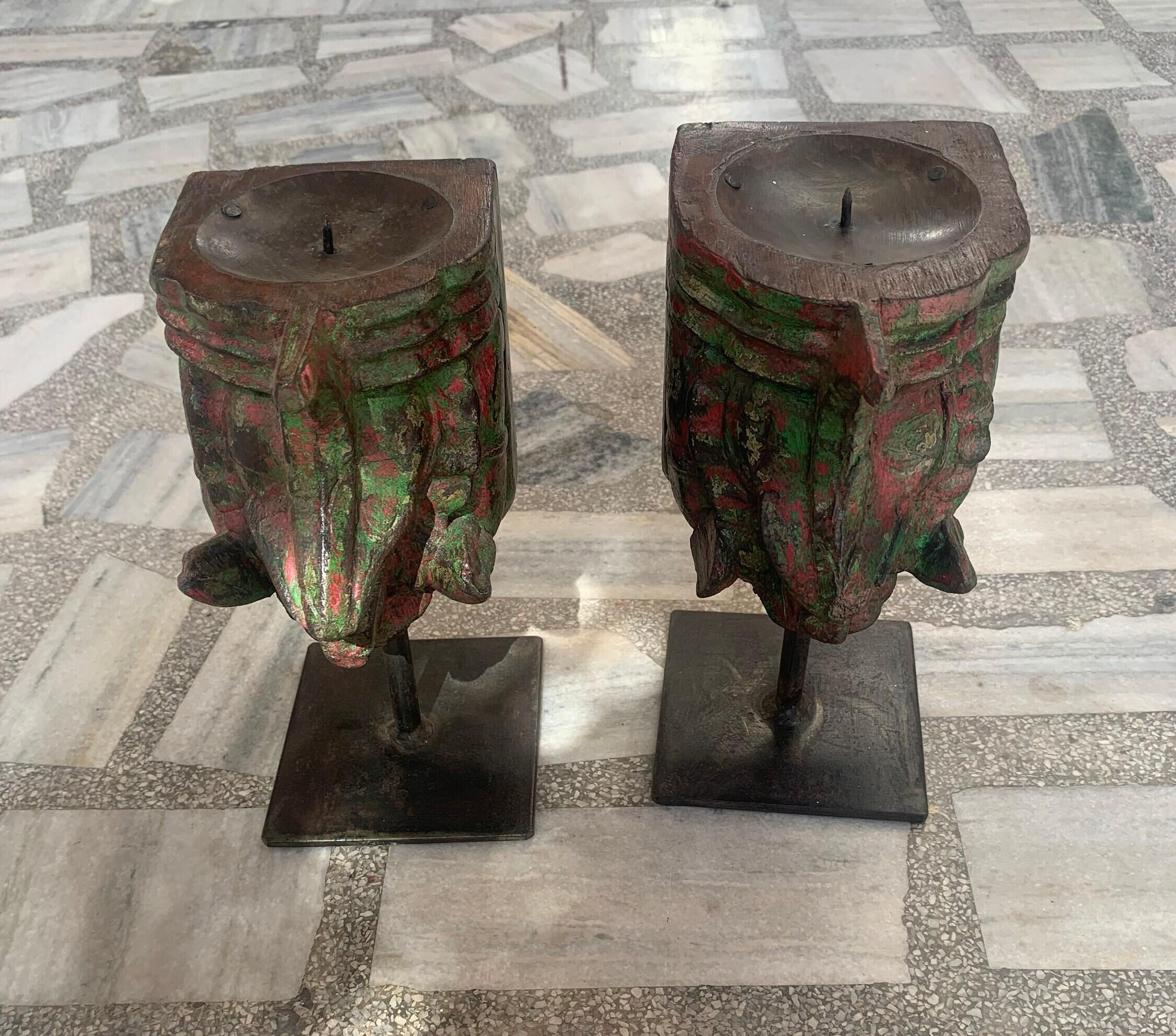 

Antique Carved Wood Candle Holder Set: Rustic Indian Decor 16” X 8” X 24” (l x w x h) разноцветный