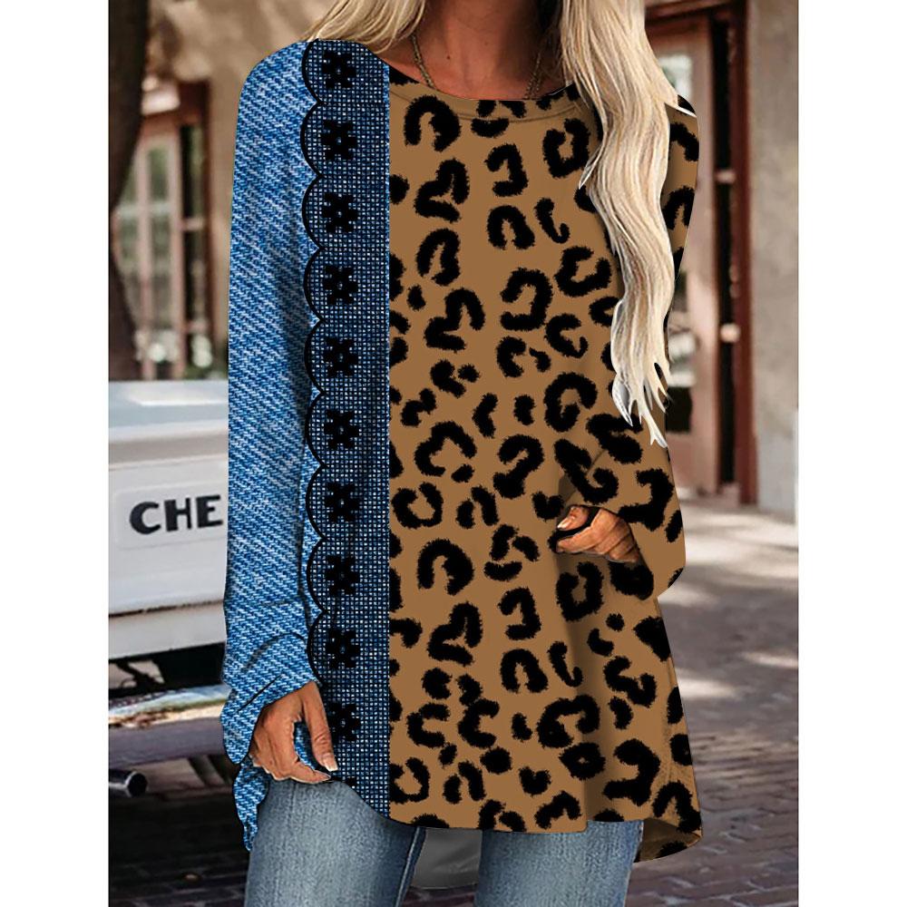 Women's Striped Leopard T-Shirt Girls Party Clothing Loose Autumn Winter Long T-Shirt Tops Tees