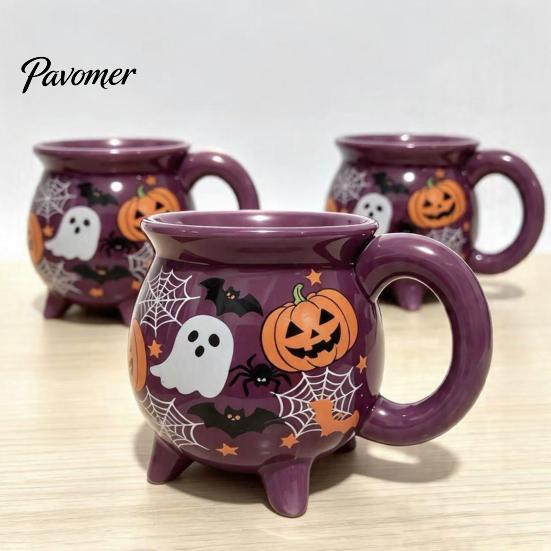 Einzigartige Büro-Kaffeetasse Halloween Hexe Kessel Tasse, 360ml Geist Kürbis Spinnennetz Muster Feiertagsgeschenk für Enthusiasten Keramiktasse, Gruselig