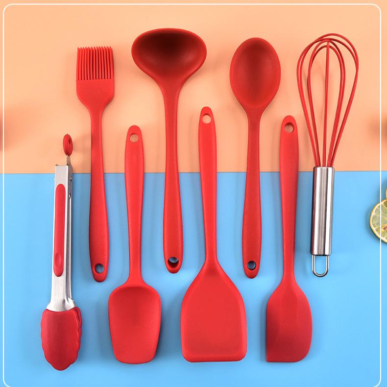 Silicone Kitchen Utensil Set: Scraper, Oil Brush, Egg Beater, Spatula, Baby Food Pot, Soup Spoon, Non-Stick Spatula.