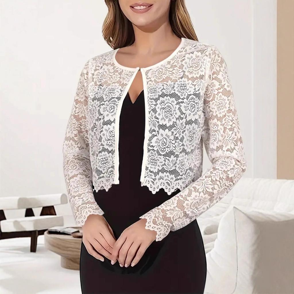 Vår og Høst Ny Rundhals Langermet Mote Damers Blonder Kort Design Strikket Cardigan