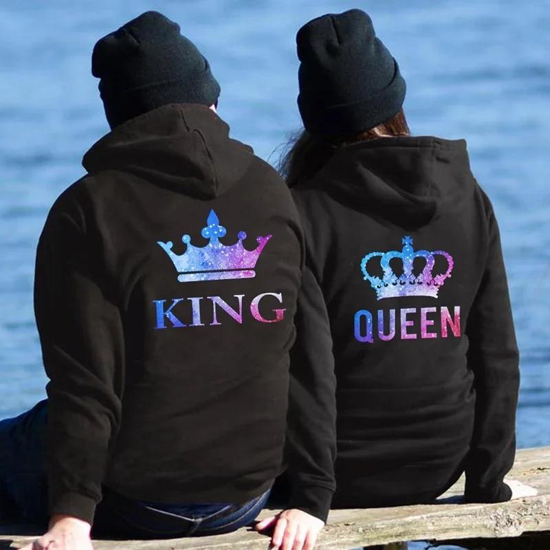 Couples winter king and queen fashion casual sports loose printed fleece warm long sleeve pocket hoodie