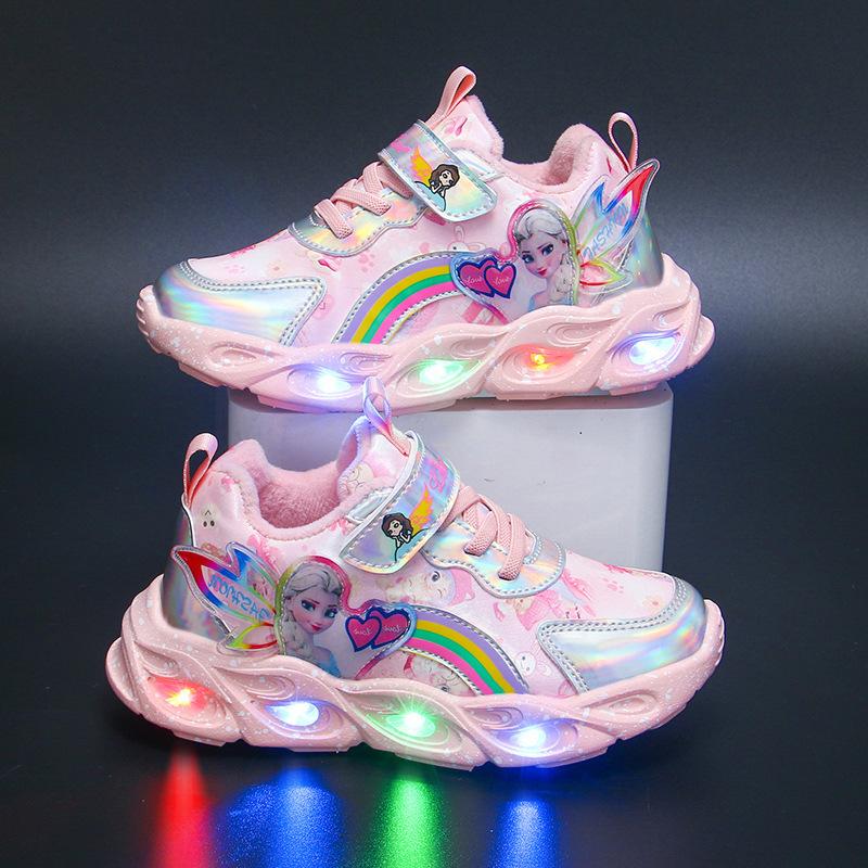 Mädchen mit Leucht-Sneakern 2025 Frühling und Herbst neue Mesh-Leder kleine Mädchen Prinzessinnenschuhe weiche Sohle Baby Leuchtschuhe