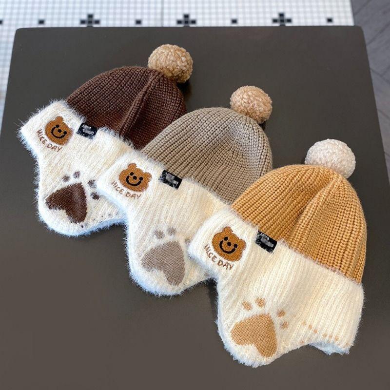Autumn and winter new cute bear embroidered ear protector outdoor warm boy and girl baby knitted hat children's wool hat