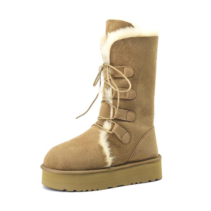 Warm to the heart~ New autumn and winter heightened thick-soled thickened warm cotton boots lace-up straps medium tube snow boots women