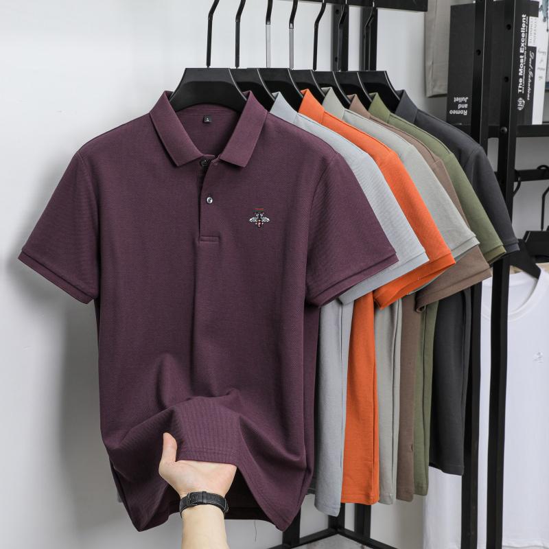Summer Men's New Bee Embroidered Solid Color Mercerized Cotton Loose Moisture Wicking and Quick Drying Casual Polo Shirt