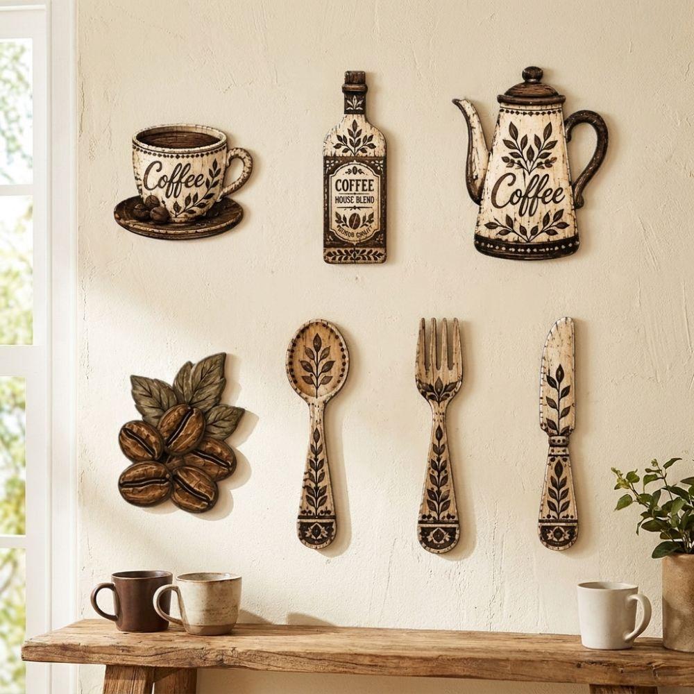 7Pcs Rustic Distressed Coffee Utensil Wooden Ornament Coffee Wall Sticker Hangings  Restaurant