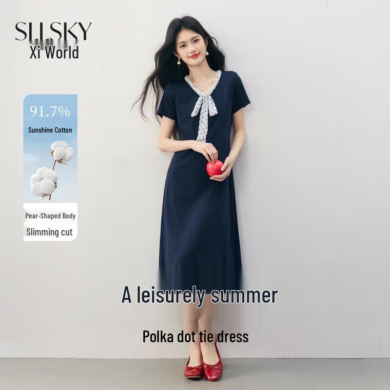 Sllsky Women s Polka Dot Ribbon V-neck Midi Dress M