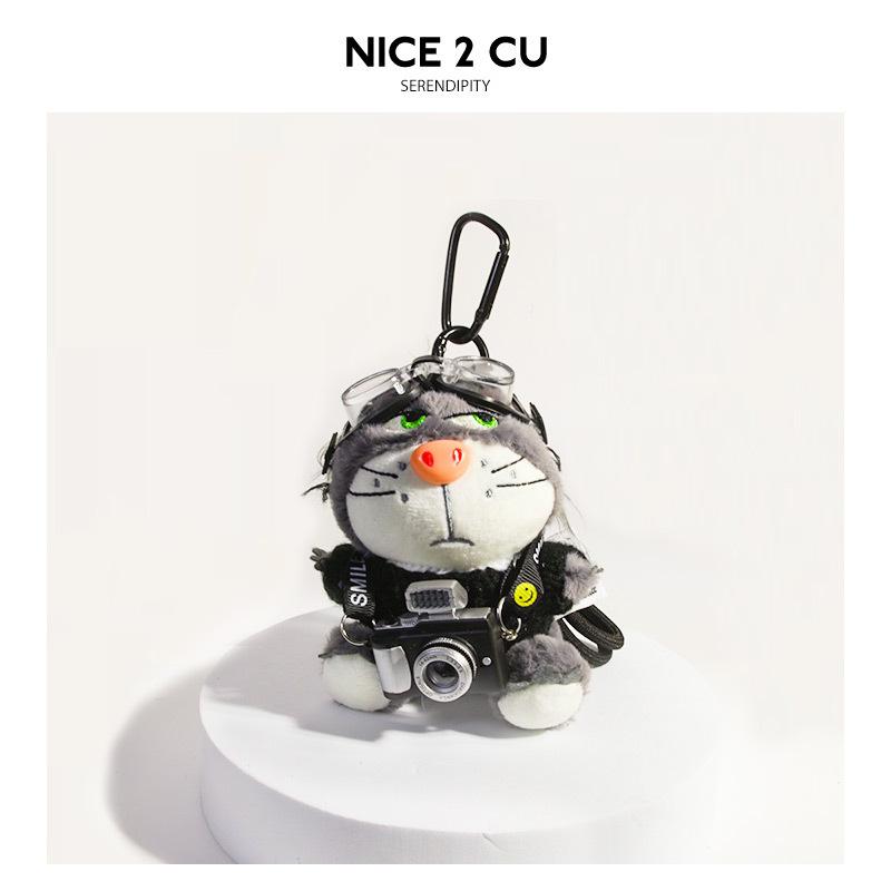 

Gray Cat Plush Pendant with Red Sweater & Mini Camera,Cool Cat Plush Keychain, Cat Bag Charm with Camera & Sunglasses