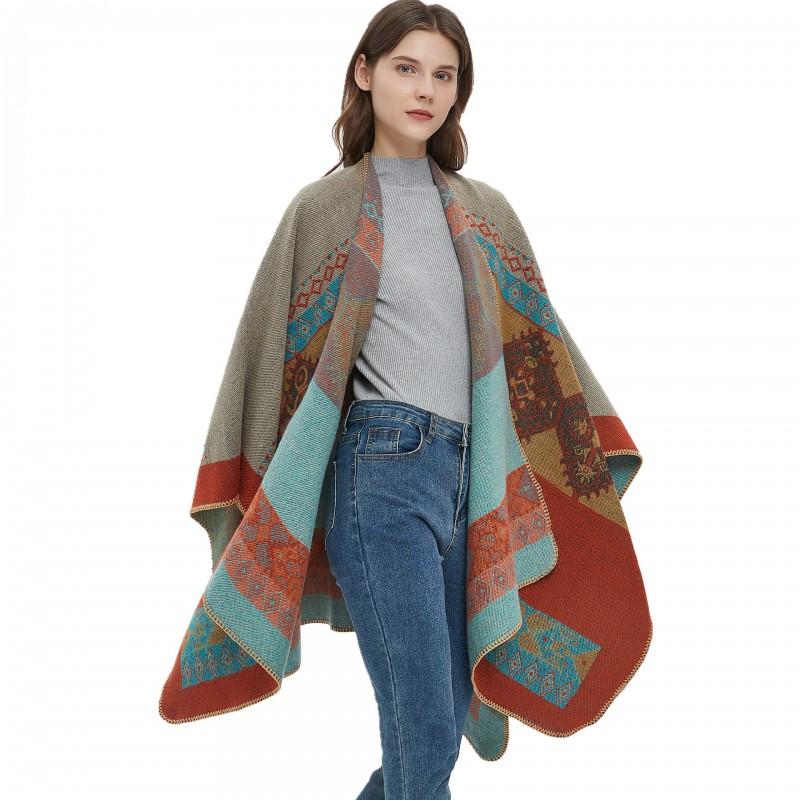 Oversized Knit Shawl With Jacquard Warm Fleece-Like Wrap Women Winter Streetwear