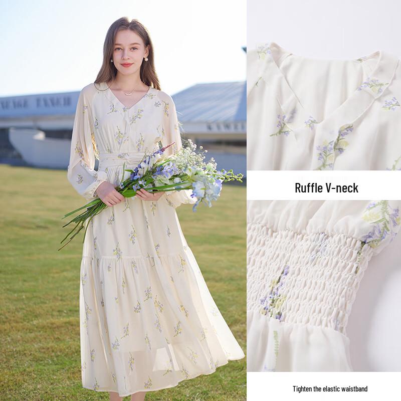 Women's French Floral V-Neck A-Line Midi Dress