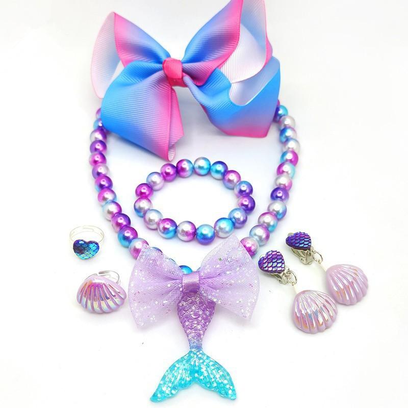 Comerț exterior transfrontalier copii coadă de sirenă fete set colier brățară inel cercei accesorii fetiță