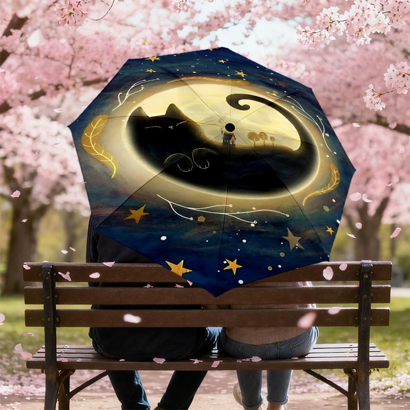 1PC cat moon Automatic Open/Close Umbrella with Windproof, 8-Rib Sturdy Canopy, Durable Ribs, Fashionable Design, Outdoor Accessory, Fun Prin, Holiday