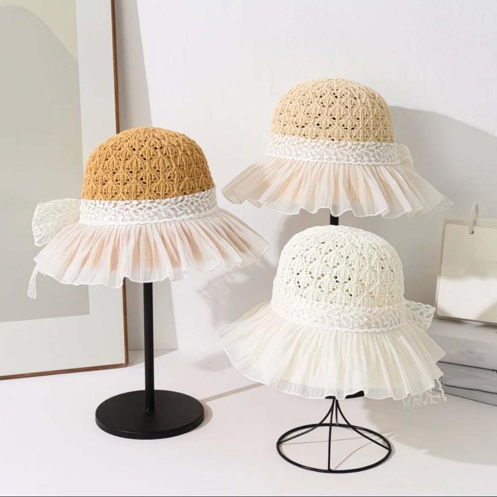 with Lace Bow Wide Brimmed Straw Hat Lightweight Woven Sun Cap Vacation Beach Cap  Indoor / Outdoor