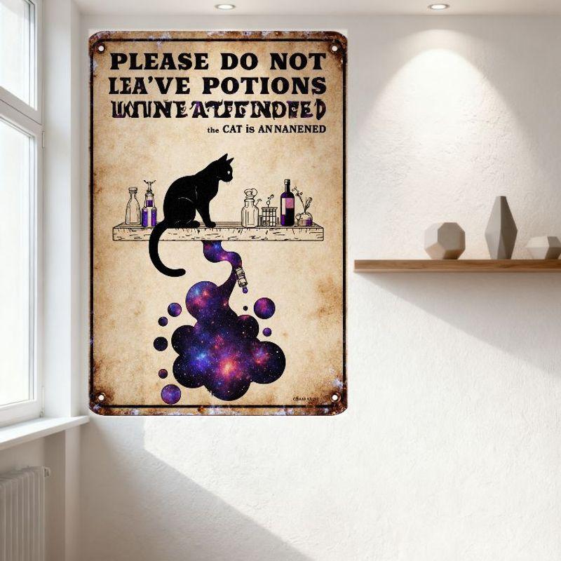 Vintage Metal Sign with Cat & Potions, 'PLEASE DO NOT LEAVE POTIONS UNATTENDED' Typo, Rustic Aged Wall Decor for Bar Pub Home Ca