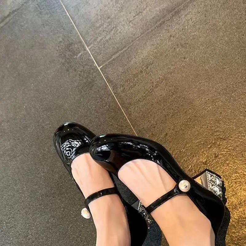 Fashion Shoes for Women Mary Jane Woman Footwear Gothic Round Toe with Medium Heels Diamond Crystals Rhinestone Pearl Popular Stylish 39