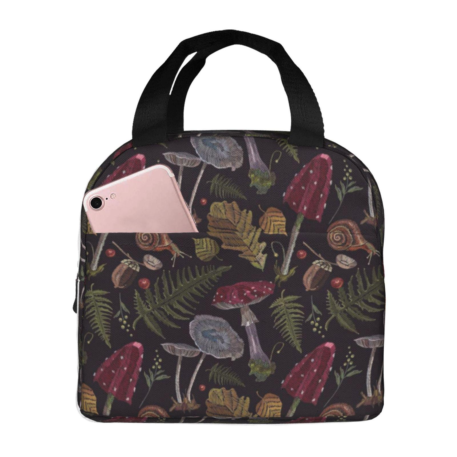 Thanksgiving Mushrooms Harvest Botanical Night Garden Print Lunch Bag Portable Thermal Oxford Tote Bag for Work School Travel One Size